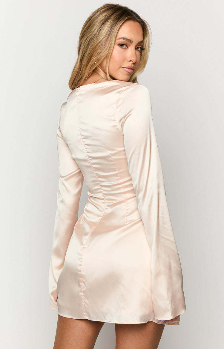 Lucy Cream Satin Long Sleeve Mini Dress-Vavasi.All Rights Reserved.