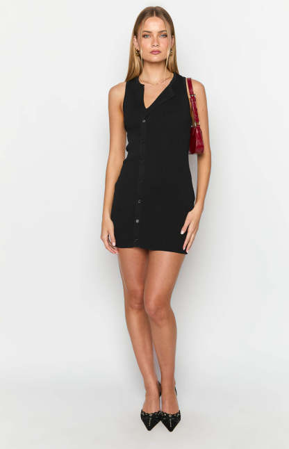 Lumi Black Button Up Mini Dress-Vavasi.All Rights Reserved.