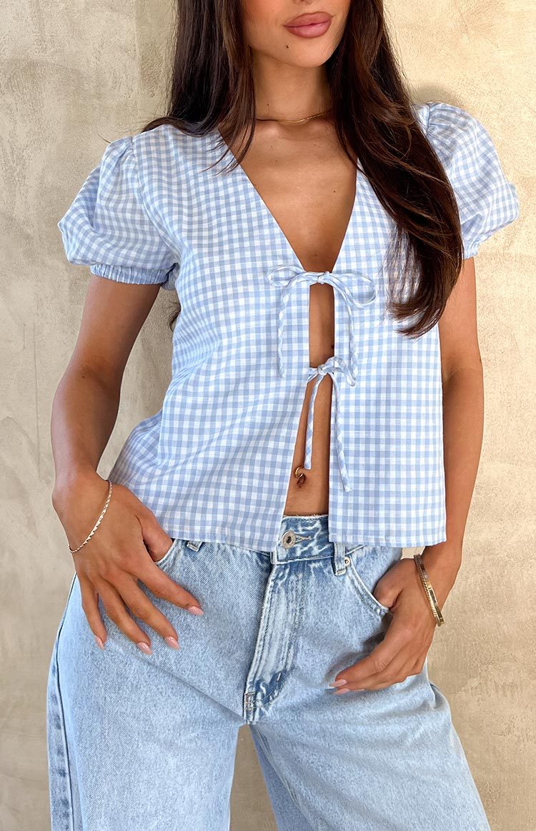 Lunya Blue Gingham Tie Up Top-Vavasi.All Rights Reserved.