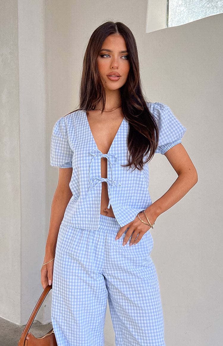 Lunya Blue Gingham Tie Up Top-Vavasi.All Rights Reserved.