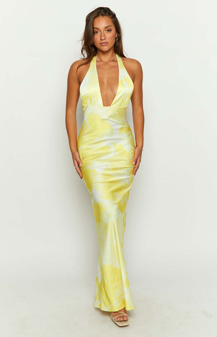 Lyra Yellow Halter Neck Maxi Dress-Vavasi.All Rights Reserved.