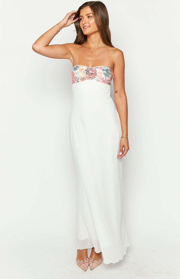 Lyric White Rose Sequin Strapless Maxi Dress-Vavasi.All Rights Reserved.