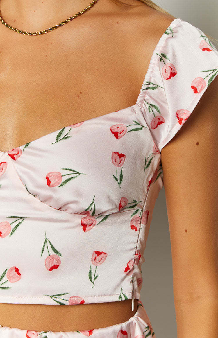 Maeva Pink Satin Tulip Print Top-Vavasi.All Rights Reserved.