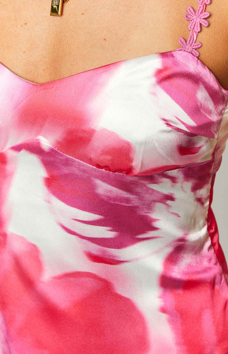 Marbelle Pink Floral Satin Print Mini Dress-Vavasi.All Rights Reserved.