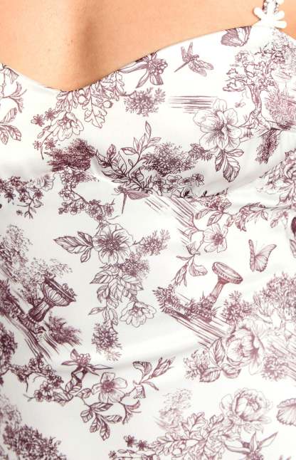 Marbelle Brown Garden Print Satin Mini Dress-Vavasi.All Rights Reserved.