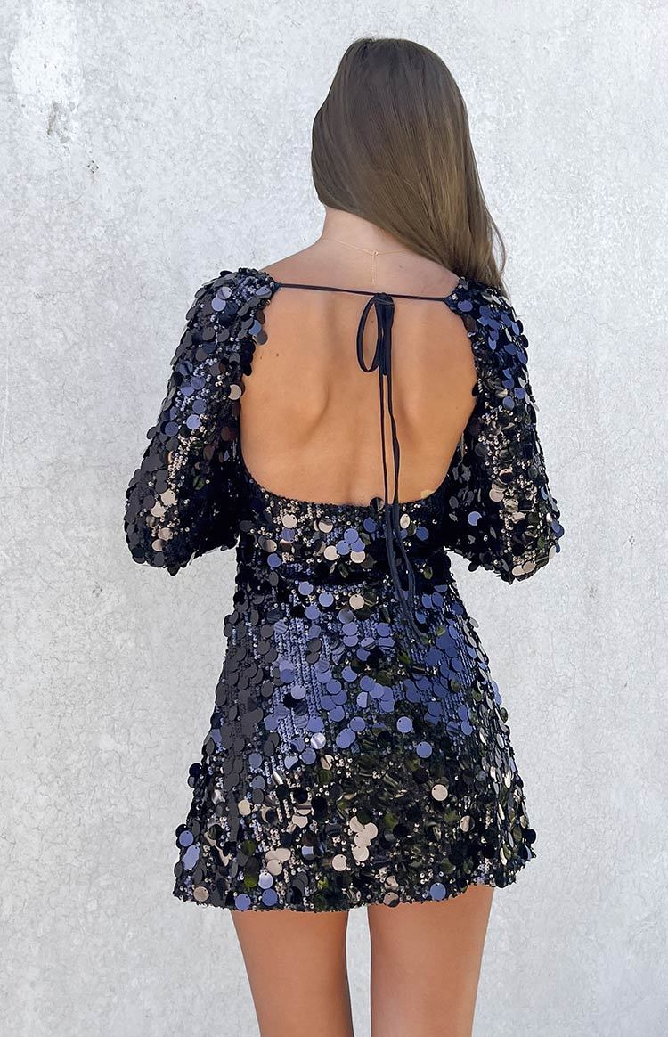 Marienne Black Sequin Long Sleeve Mini Dress-Vavasi.All Rights Reserved.