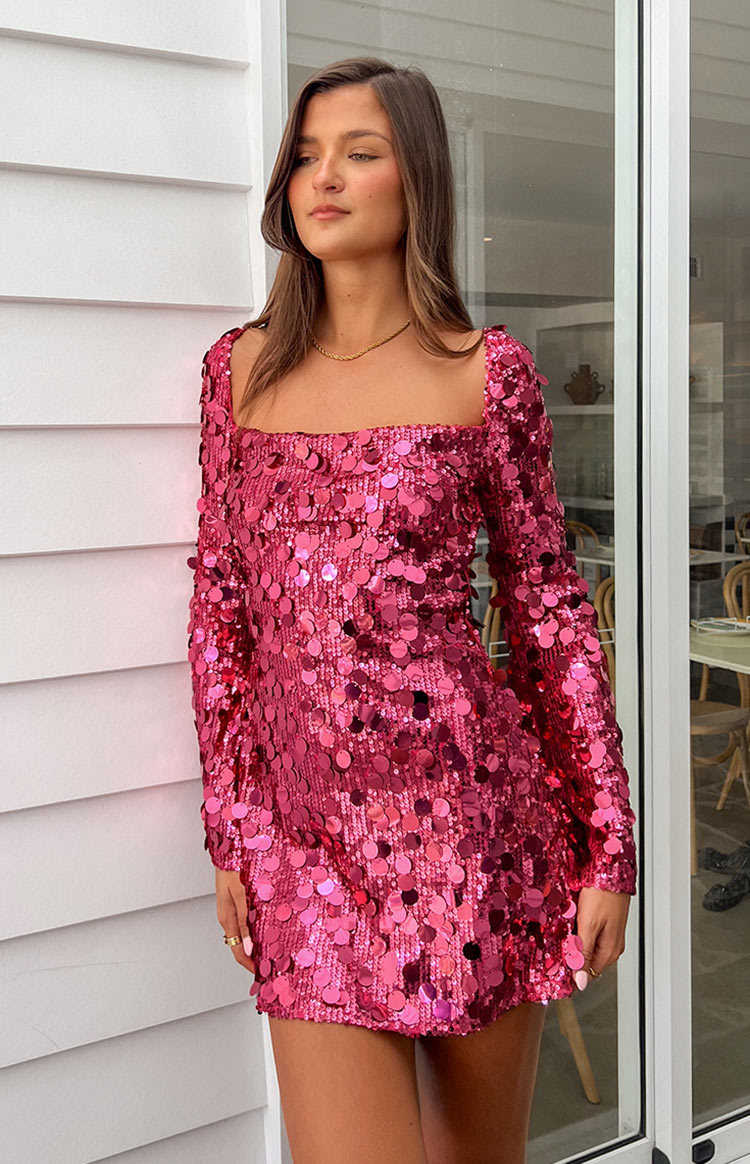 Marienne Pink Sequin Long Sleeve Mini Dress-Vavasi.All Rights Reserved.