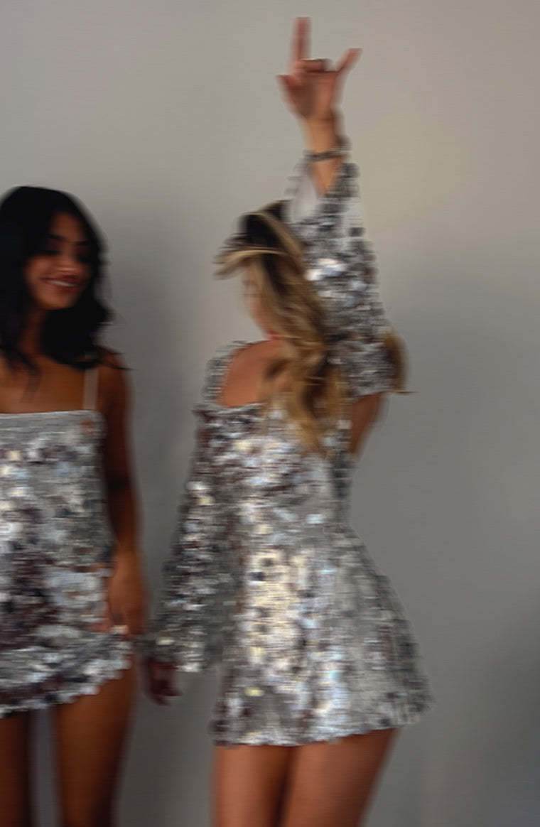 Marienne Silver Sequin Long Sleeve Mini Dress-Vavasi.All Rights Reserved.