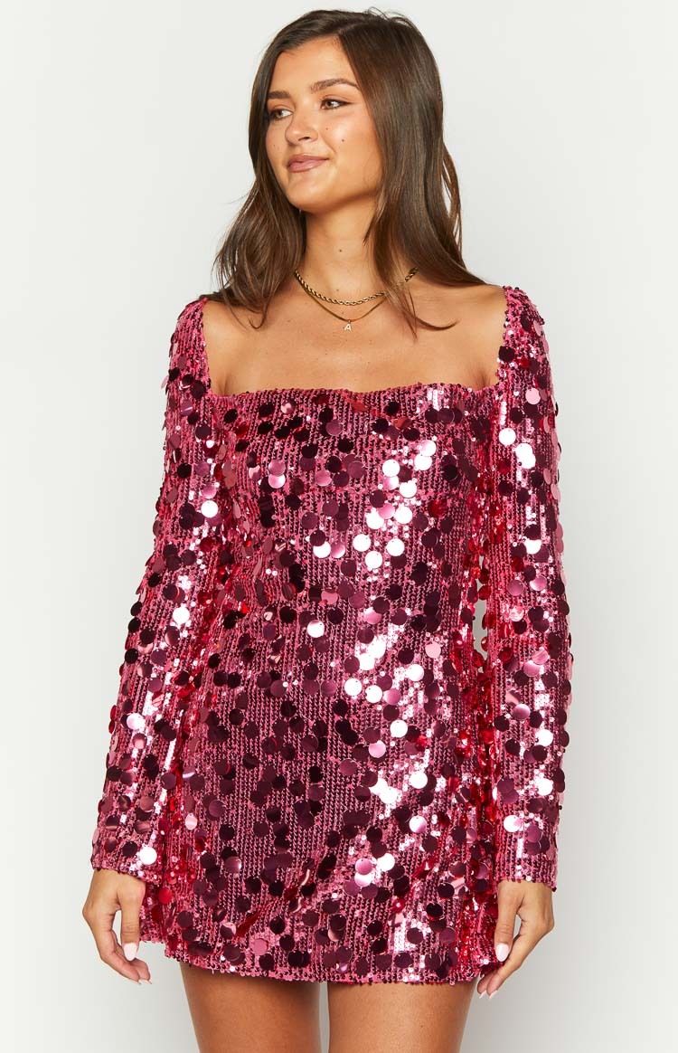 Marienne Pink Sequin Long Sleeve Mini Dress-Vavasi.All Rights Reserved.