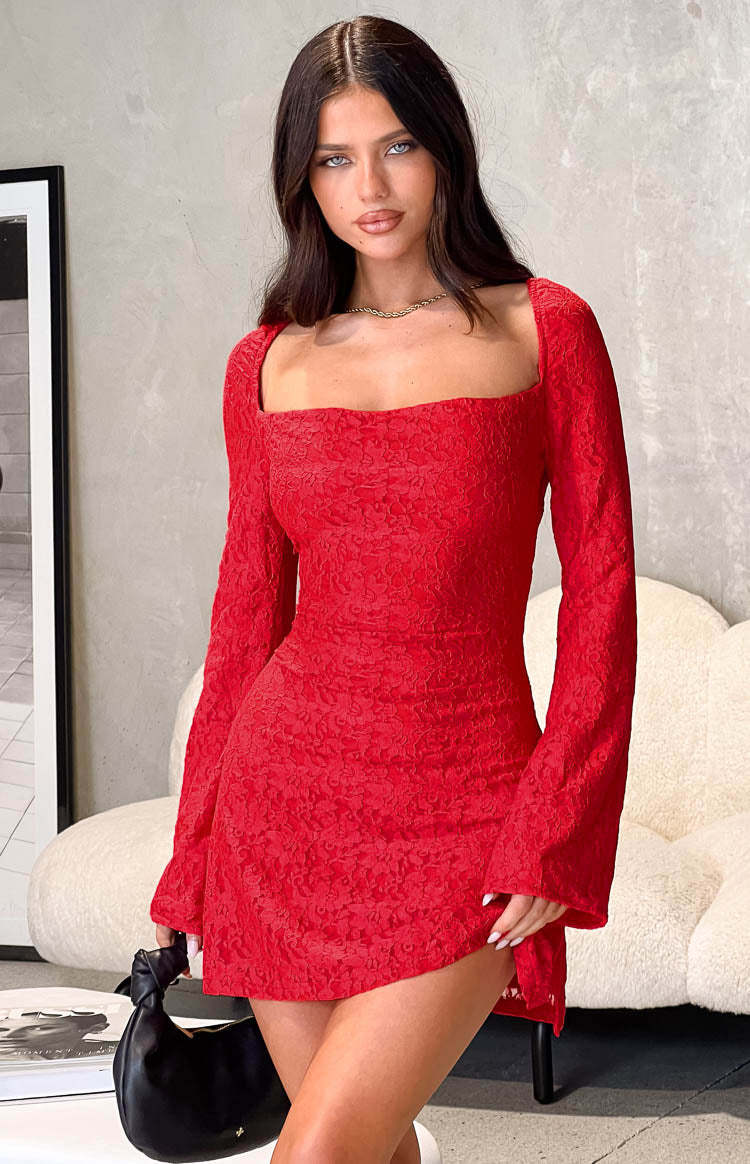 Marienne Red Lace Long Sleeve Mini Dress-Vavasi.All Rights Reserved.