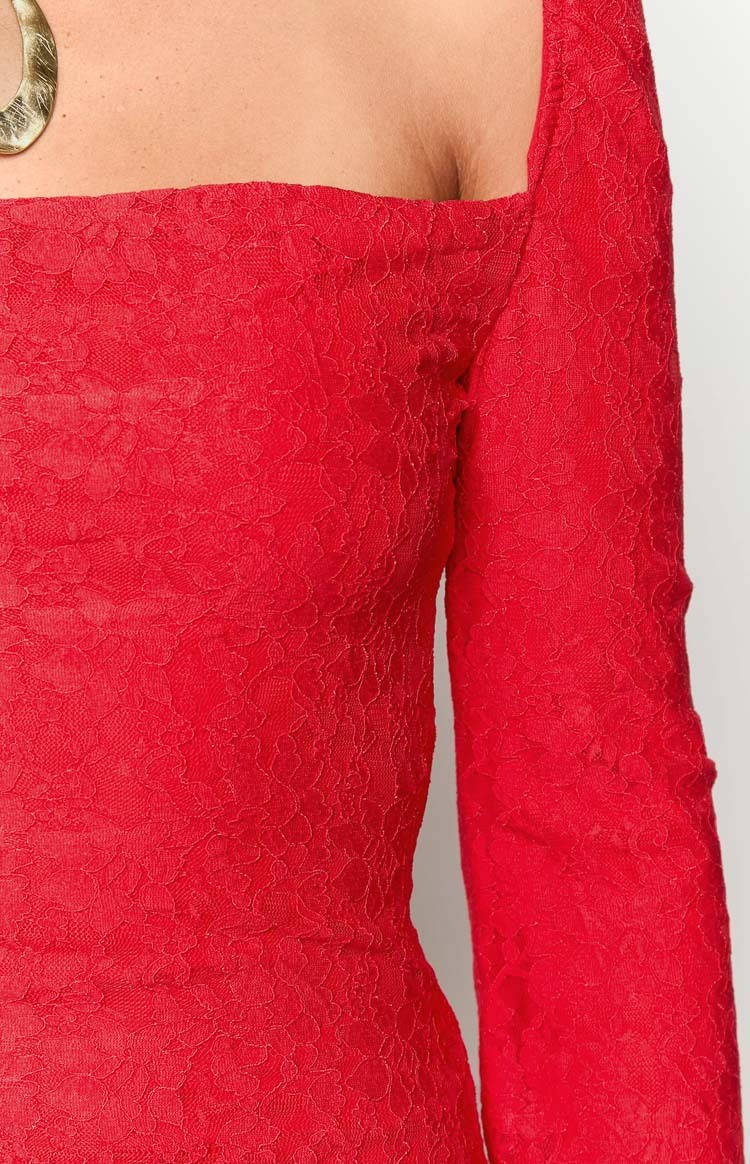 Marienne Red Lace Long Sleeve Mini Dress-Vavasi.All Rights Reserved.