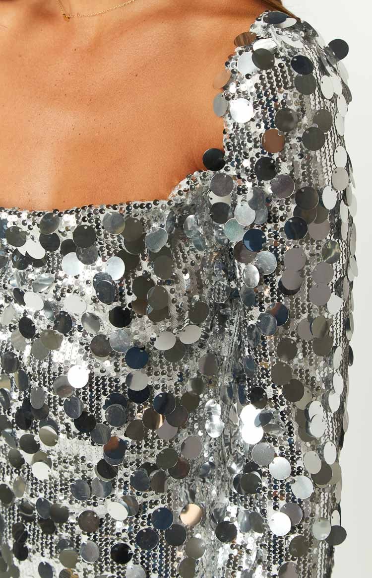 Marienne Silver Sequin Long Sleeve Mini Dress-Vavasi.All Rights Reserved.