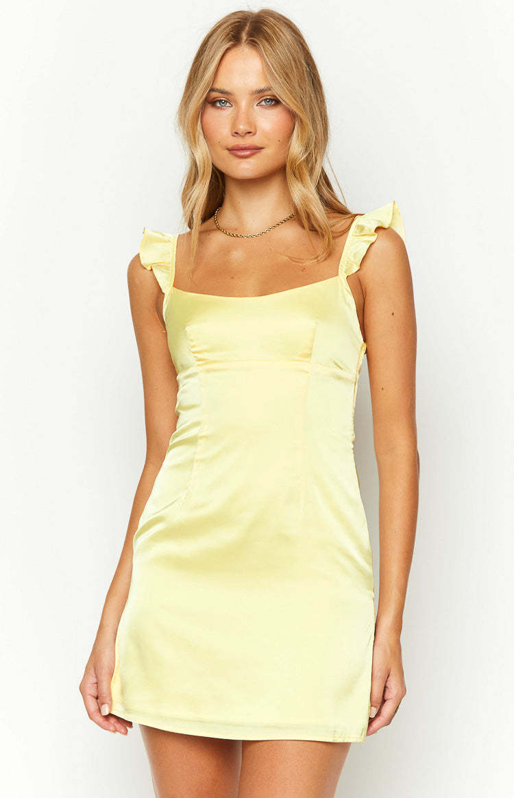 Marigold Muse Yellow Satin Mini Dress-Vavasi.All Rights Reserved.