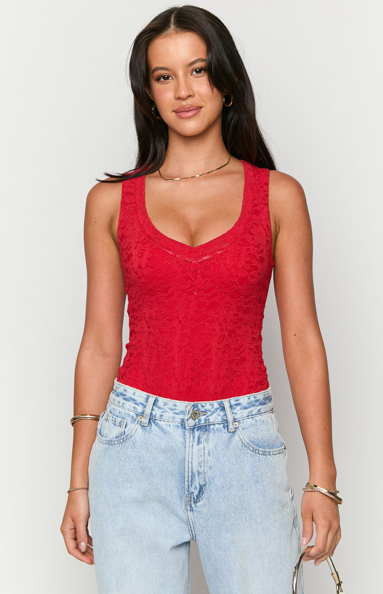 Miami Red Lace V-Neck Bodysuit-Vavasi.All Rights Reserved.