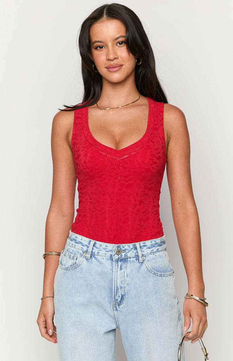 Miami Red Lace V-Neck Bodysuit-Vavasi.All Rights Reserved.