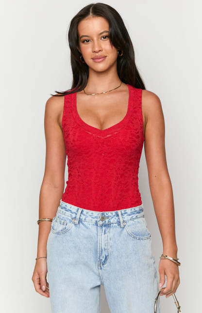 Miami Red Lace V-Neck Bodysuit-Vavasi.All Rights Reserved.