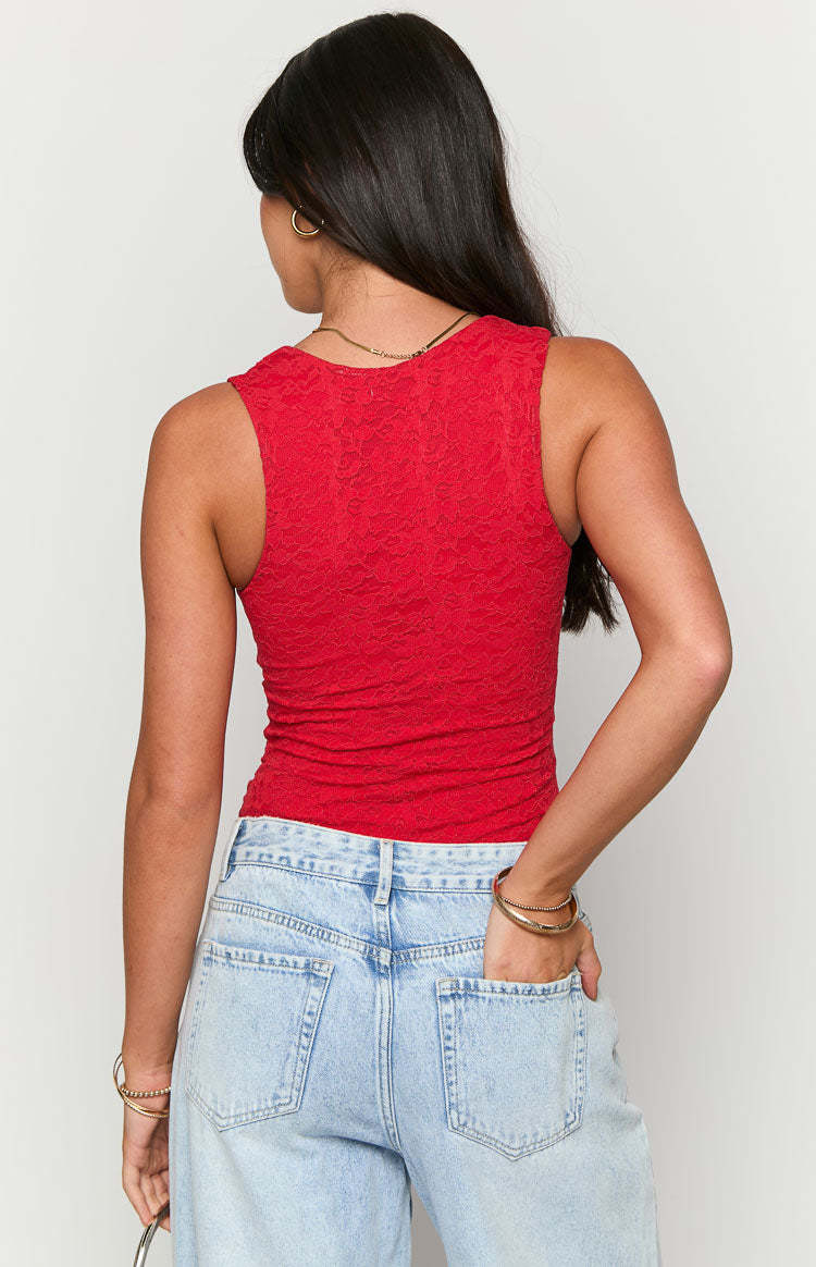 Miami Red Lace V-Neck Bodysuit-Vavasi.All Rights Reserved.