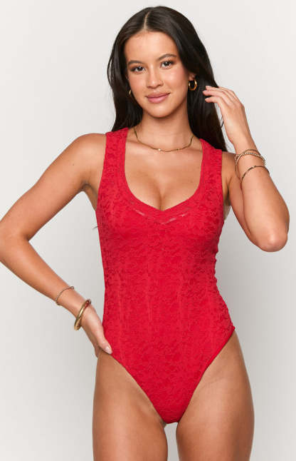 Miami Red Lace V-Neck Bodysuit-Vavasi.All Rights Reserved.