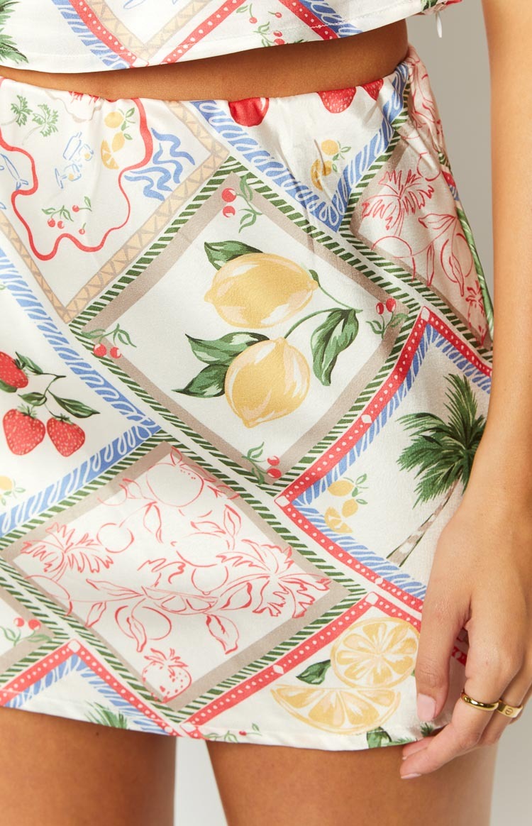 Milliana White Satin Roma Print Skirt-Vavasi.All Rights Reserved.