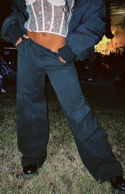 Millie Black Low Rise Cargo Trousers-Vavasi.All Rights Reserved.