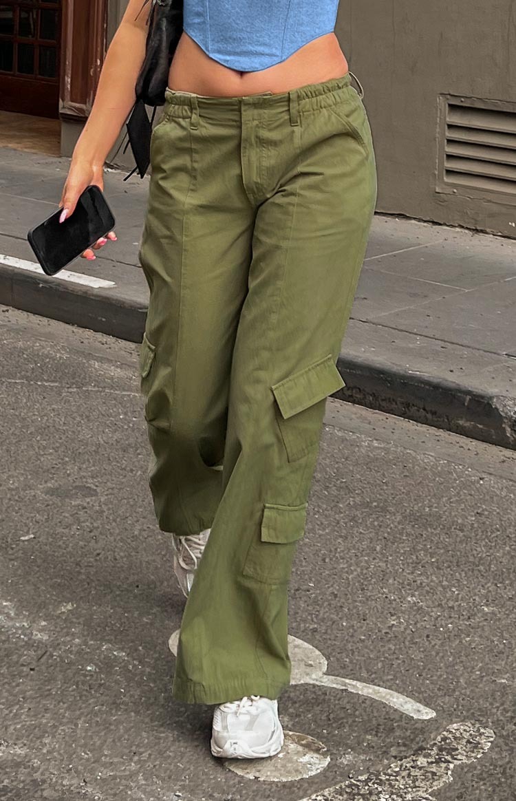 Millie Khaki Low Rise Cargo Trousers-Vavasi.All Rights Reserved.