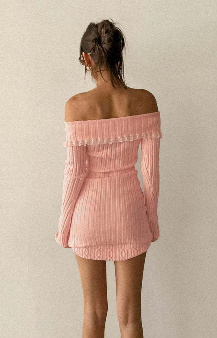 Mimi Pink Long Sleeve Off Shoulder Knit Mini Dress-Vavasi.All Rights Reserved.
