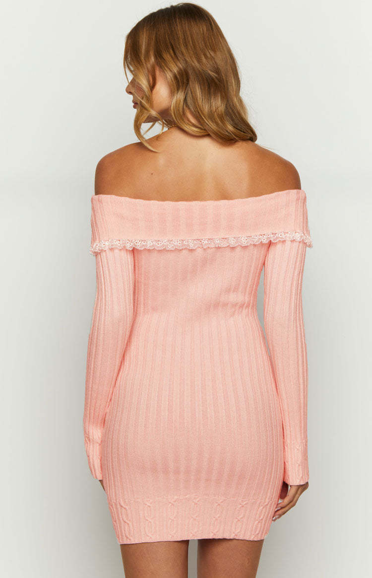 Mimi Pink Long Sleeve Off Shoulder Knit Mini Dress-Vavasi.All Rights Reserved.