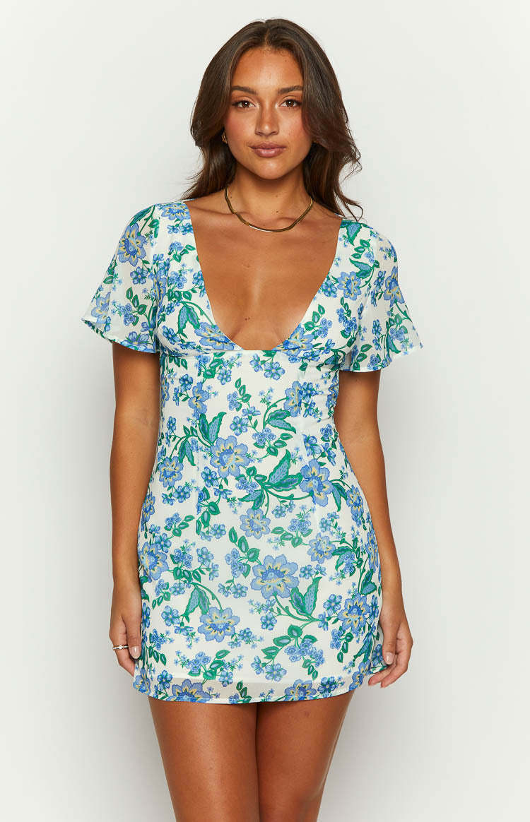Mira Blue Floral Chiffon Mini Dress-Vavasi.All Rights Reserved.