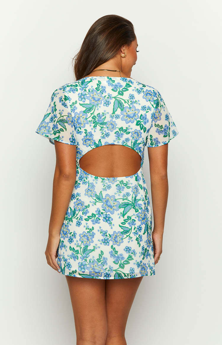 Mira Blue Floral Chiffon Mini Dress-Vavasi.All Rights Reserved.