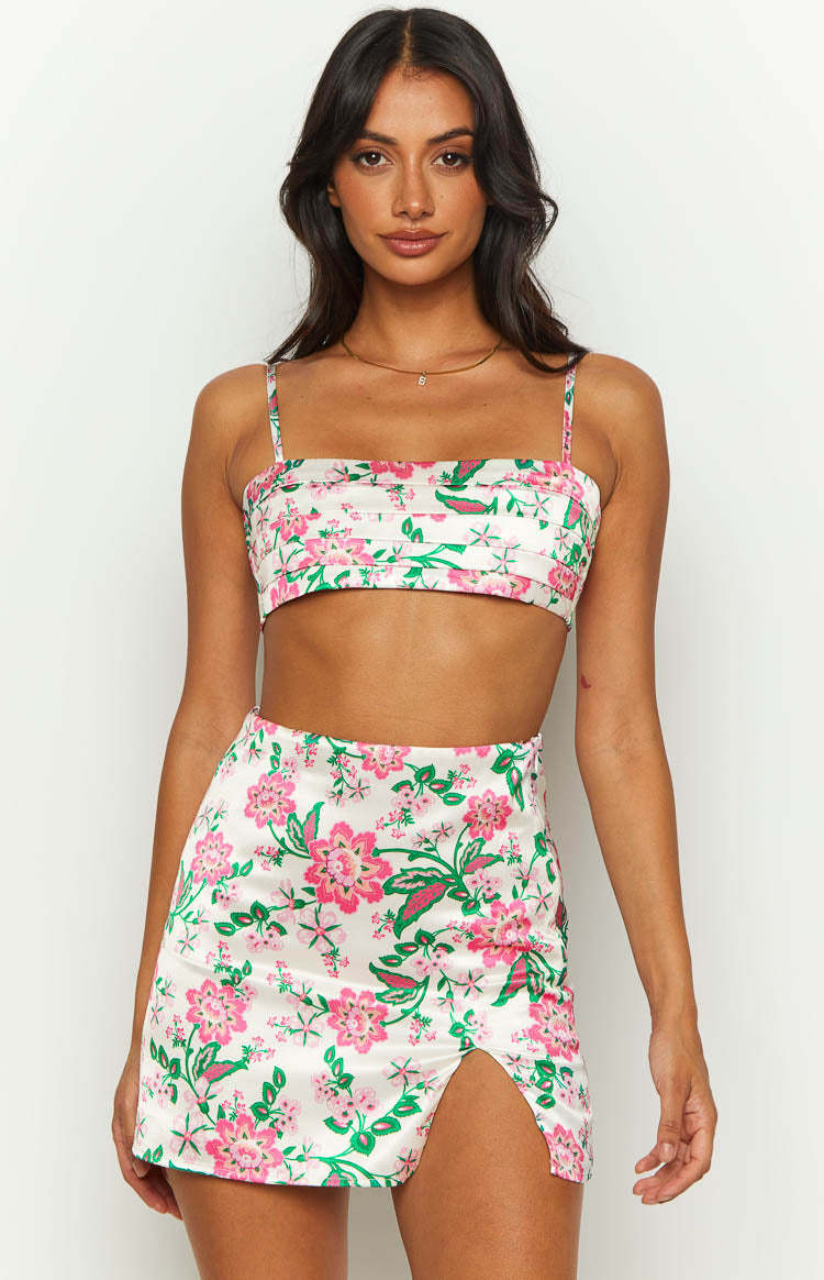 Miranda White Floral Tie Back Satin Crop Top-Vavasi.All Rights Reserved.