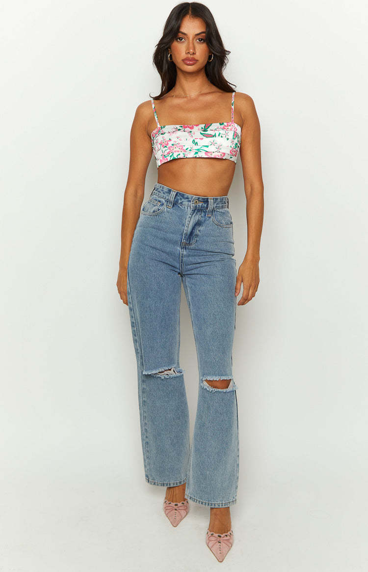 Miranda White Floral Tie Back Satin Crop Top-Vavasi.All Rights Reserved.