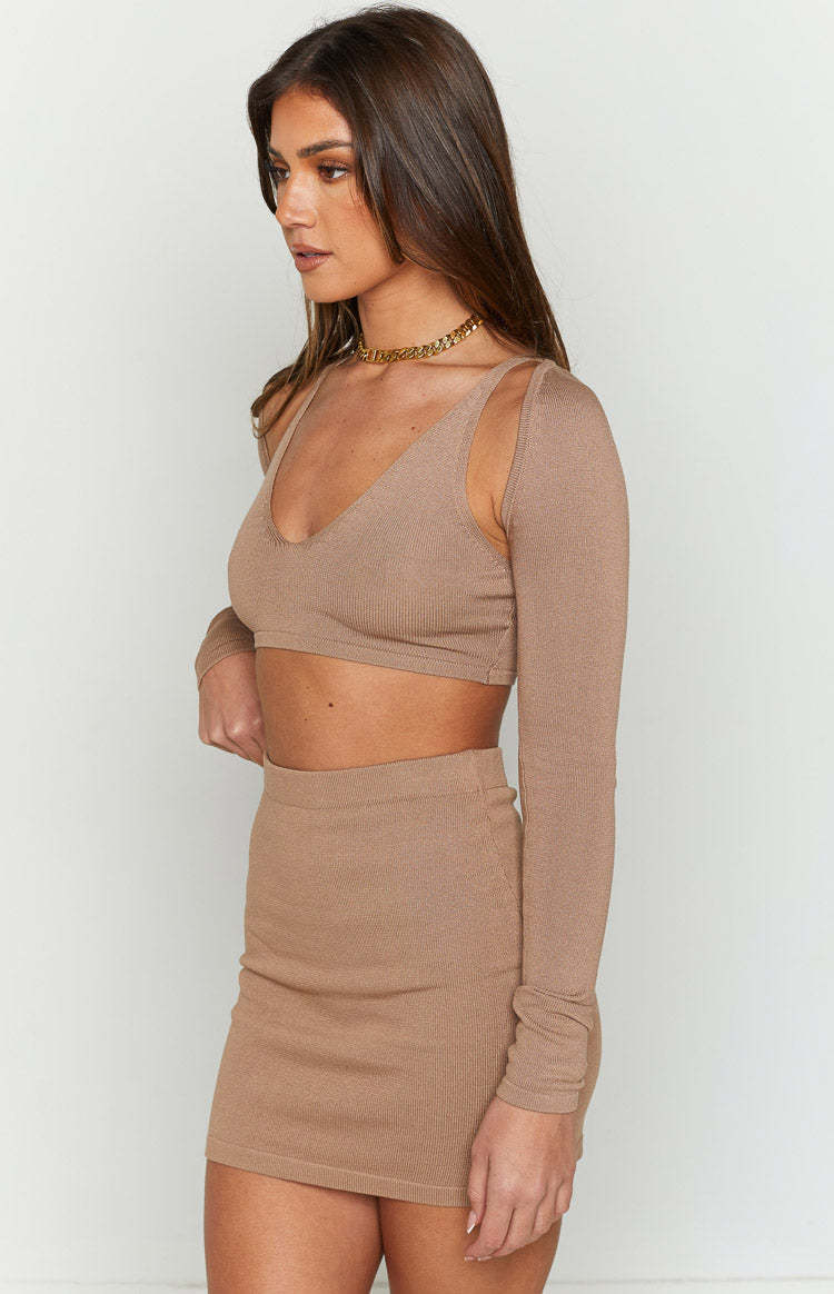 Mirrors Taupe Knit Mini Skirt-Vavasi.All Rights Reserved.