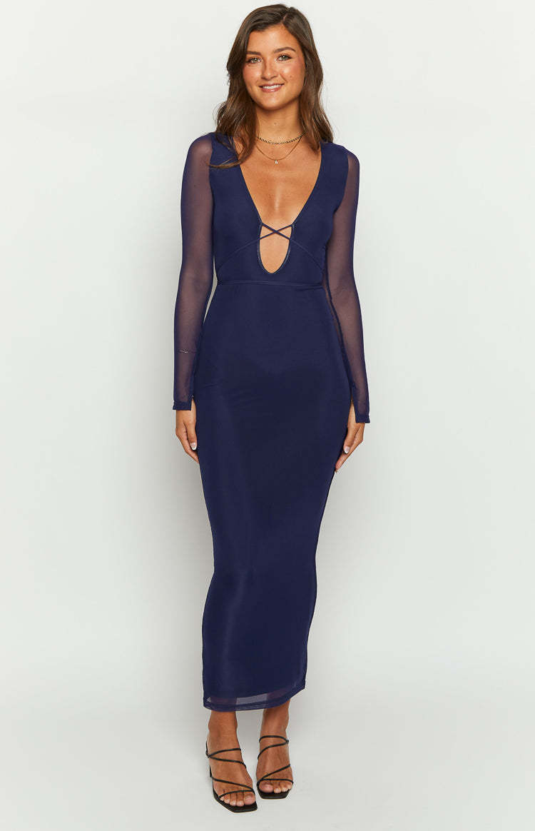 Monni Navy Long Sleeve Maxi Dress-Vavasi.All Rights Reserved.