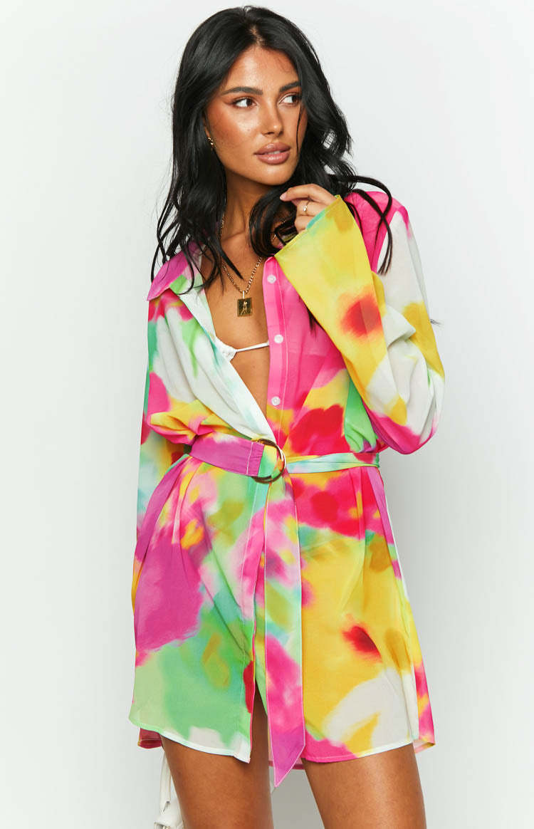 Moscow Floral Print Long Sleeve Button Up Mini Shirt Dress-Vavasi.All Rights Reserved.