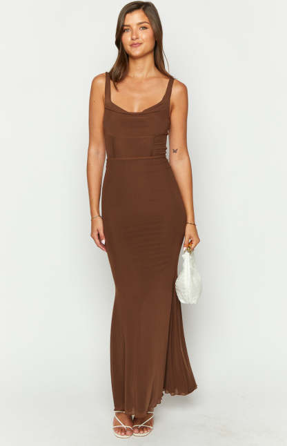 Myah Brown Corset Mesh Maxi Dress-Vavasi.All Rights Reserved.
