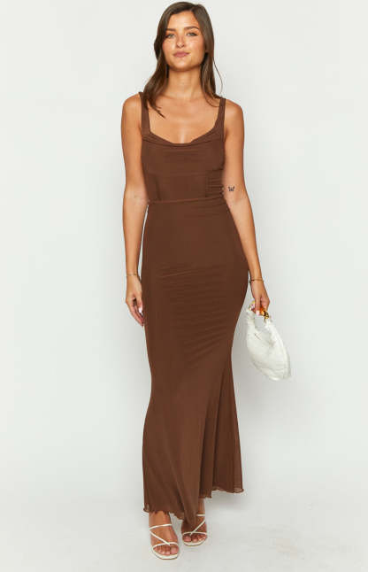 Myah Brown Corset Mesh Maxi Dress-Vavasi.All Rights Reserved.