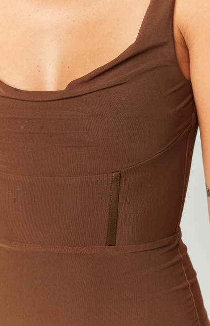Myah Brown Corset Mesh Maxi Dress-Vavasi.All Rights Reserved.