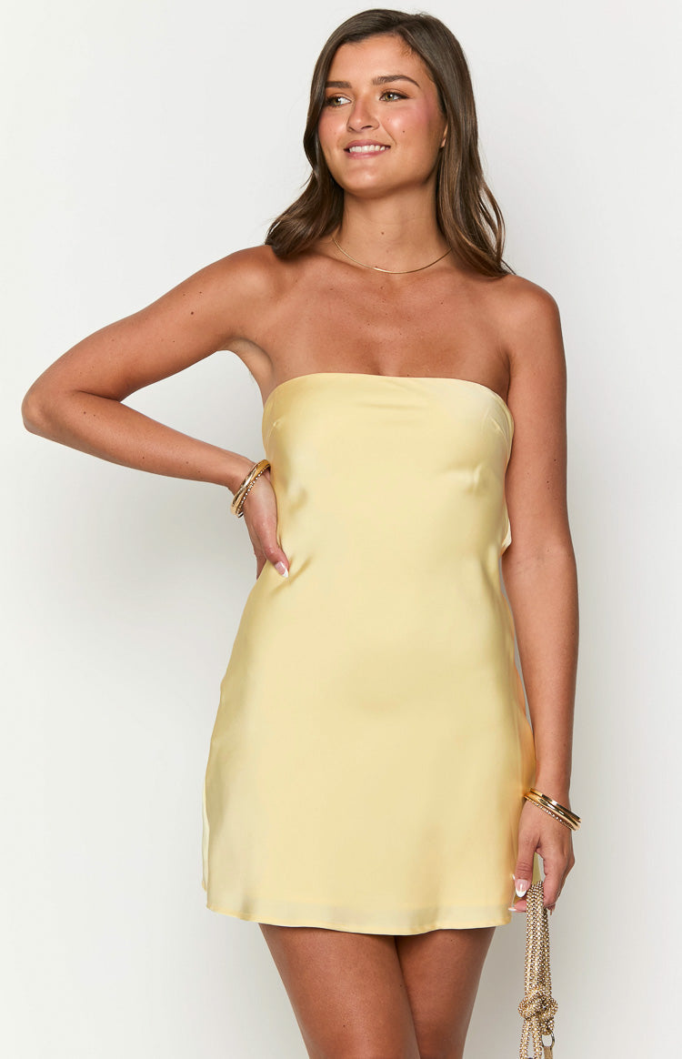 Mylee Yellow Satin Strapless Mini Dress-Vavasi.All Rights Reserved.
