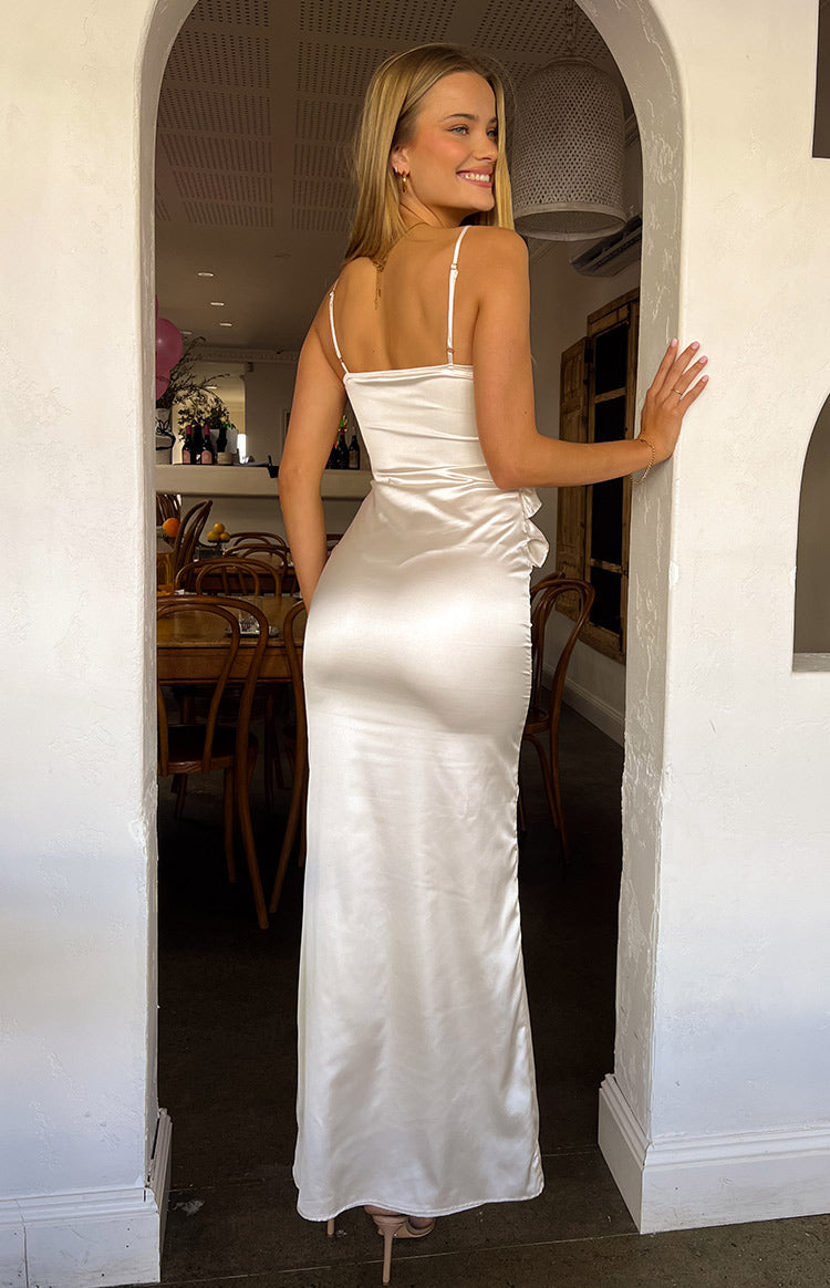 Nahanee Cream Satin Ruffle Maxi Dress-Vavasi.All Rights Reserved.