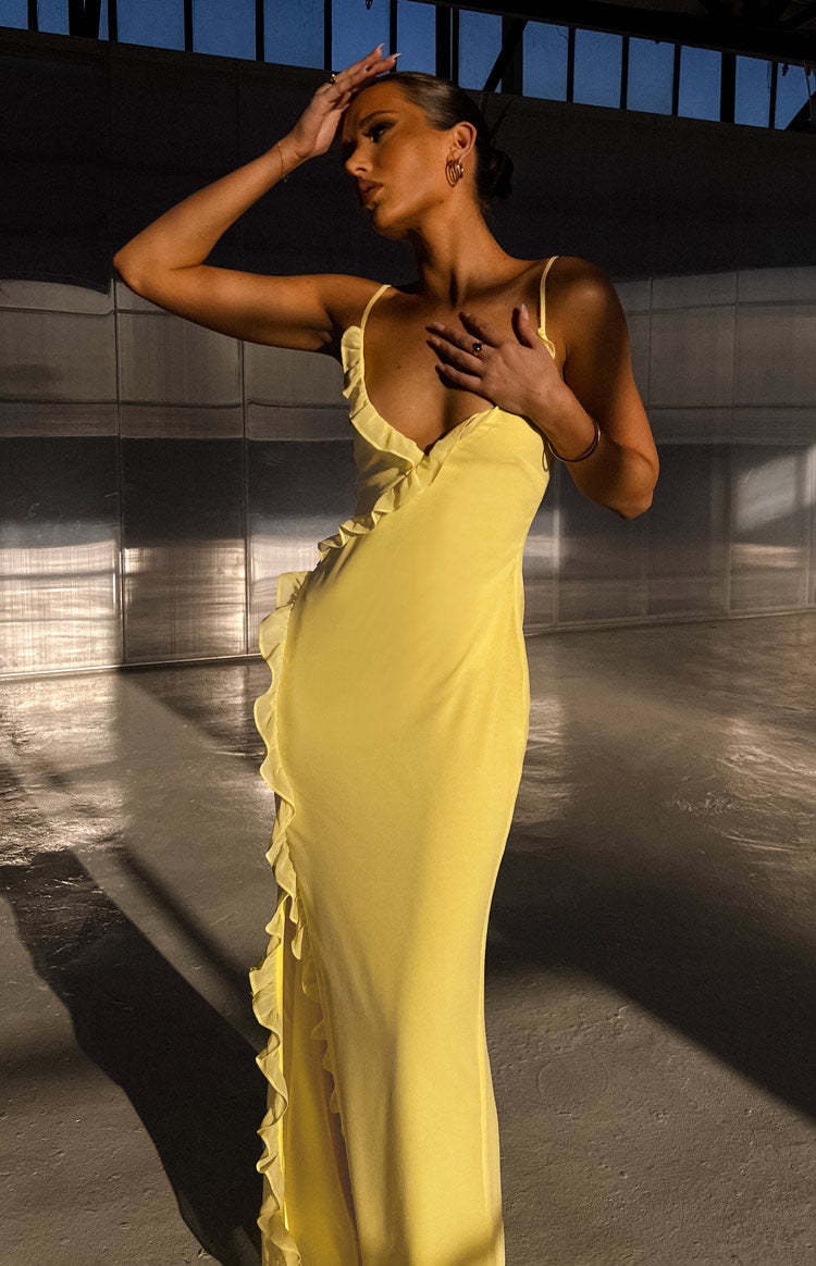Nahanee Yellow Ruffle Maxi Dress-Vavasi.All Rights Reserved.