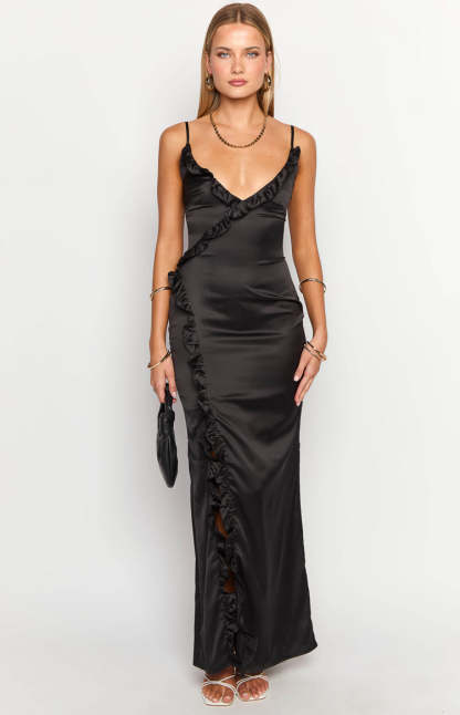 Nahanee Black Satin Ruffle Maxi Dress-Vavasi.All Rights Reserved.