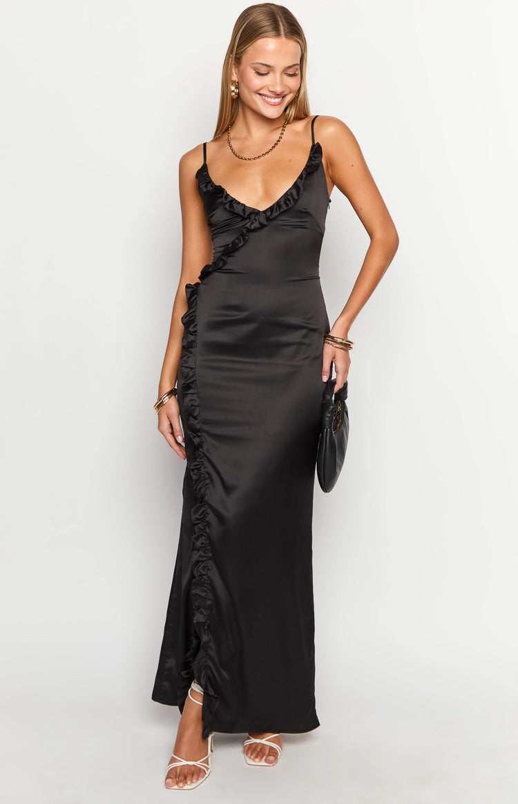 Nahanee Black Satin Ruffle Maxi Dress-Vavasi.All Rights Reserved.