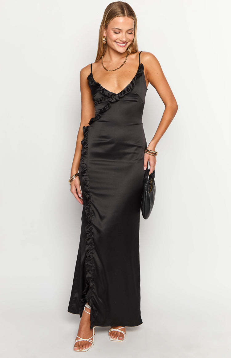 Nahanee Black Satin Ruffle Maxi Dress-Vavasi.All Rights Reserved.