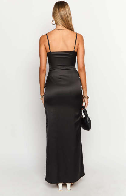 Nahanee Black Satin Ruffle Maxi Dress-Vavasi.All Rights Reserved.