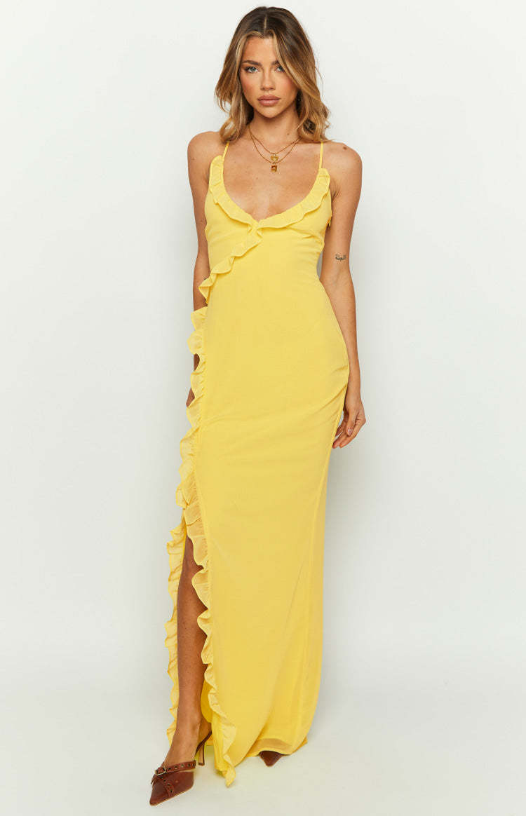Nahanee Yellow Ruffle Maxi Dress-Vavasi.All Rights Reserved.