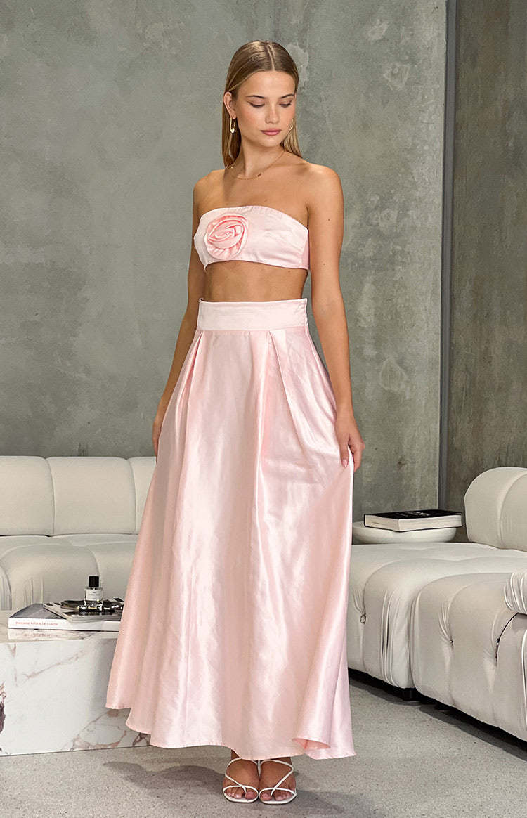 Nakiyah Pink Satin High Waisted Maxi Skirt-Vavasi.All Rights Reserved.