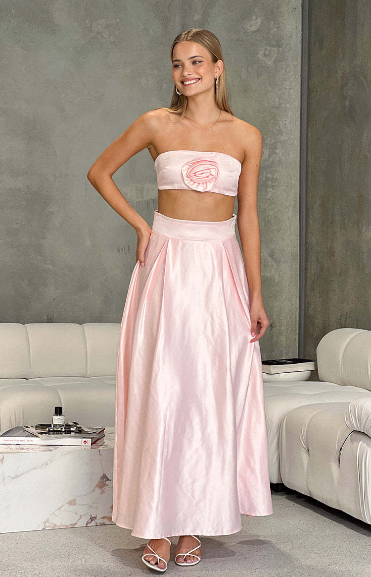 Nakiyah Pink Satin High Waisted Maxi Skirt-Vavasi.All Rights Reserved.