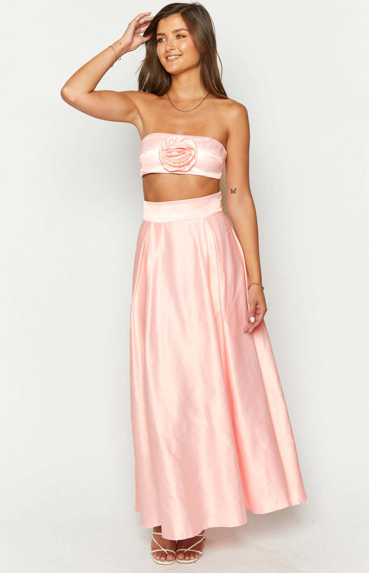 Nakiyah Pink Satin High Waisted Maxi Skirt-Vavasi.All Rights Reserved.
