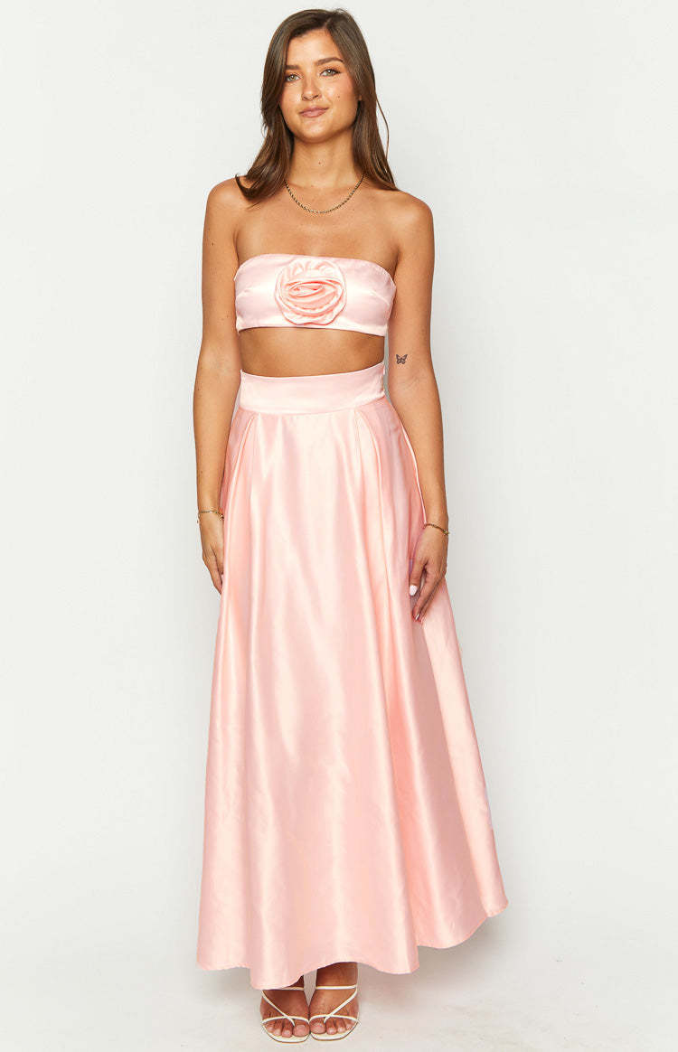 Nakiyah Pink Satin High Waisted Maxi Skirt-Vavasi.All Rights Reserved.