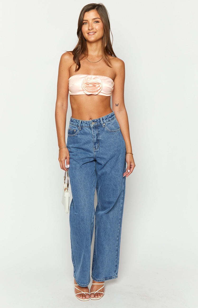 Nakiyah Pink Satin Rose Strapless Tie Back Crop Top-Vavasi.All Rights Reserved.